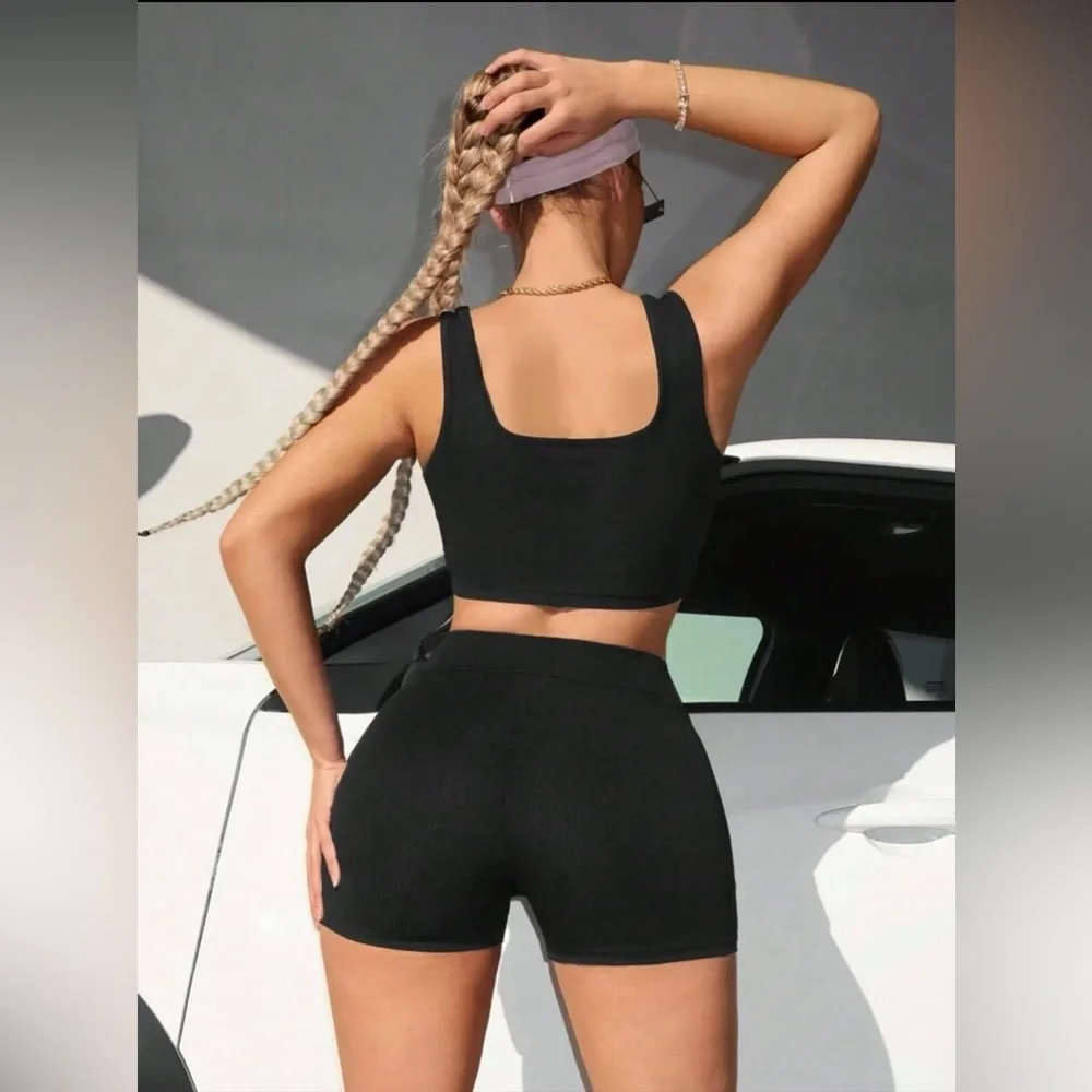 Shein • Women’s Black Blue Ribbed Crop Top and Shorts Set 2 Pack NWOT - Picture 3 of 7